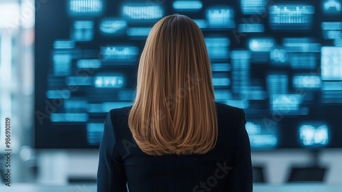 2 Businesswoman in a modern workspace with floating holograms of data, symbolizing the future of work and technology integration