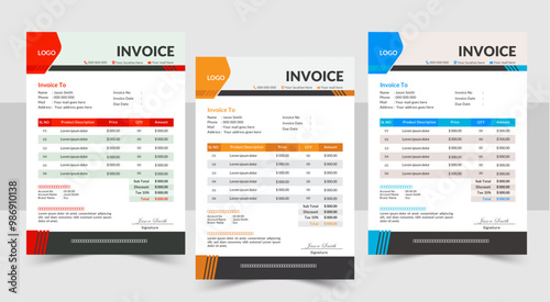 A bundle of 3 templates of a4 invoice design. Simple and creative modern corporate clean design. Invoice design template vector illustration bill form price invoice.
