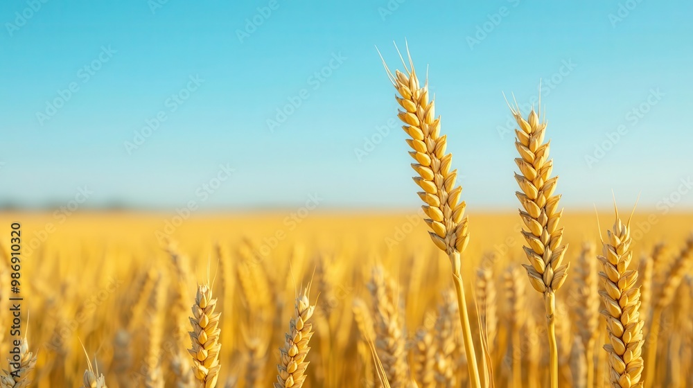 Fototapeta premium Wheat field in the morning, blue sky, hardest seasonal