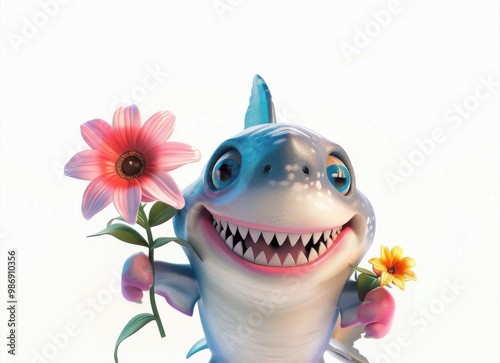 Heartfelt 3D shark extends a flower, capturing the essence of love and romance for Valentine’s Day, weddings, and holidays. photo