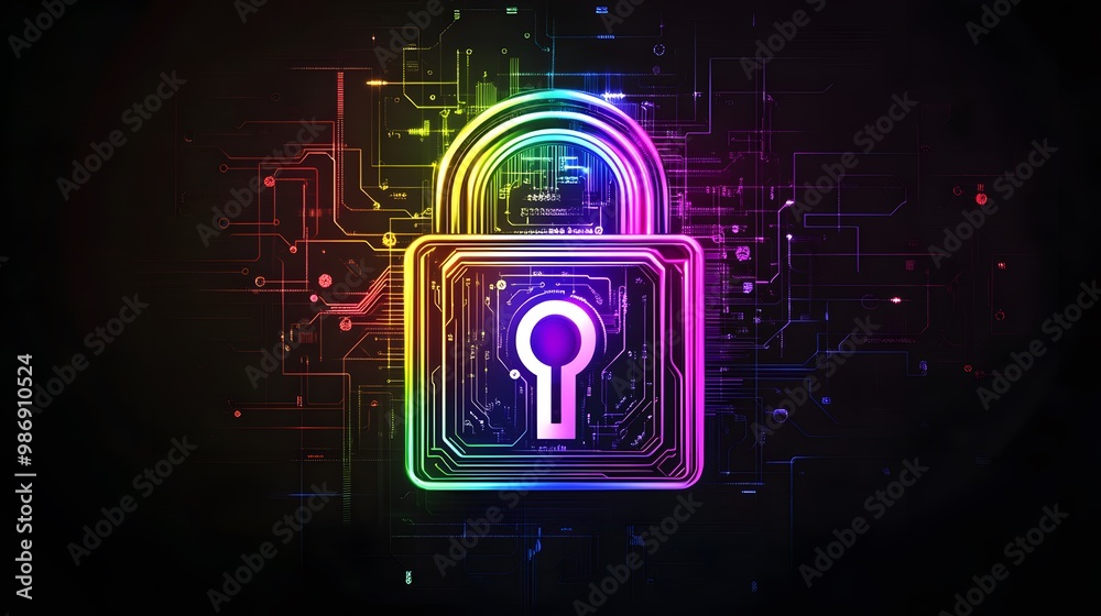 Cyber Security Concept Neon Padlock on Abstract Circuit Board Background Cyber Security Concept Neon Padlock on Abstract Circuit Board Background
