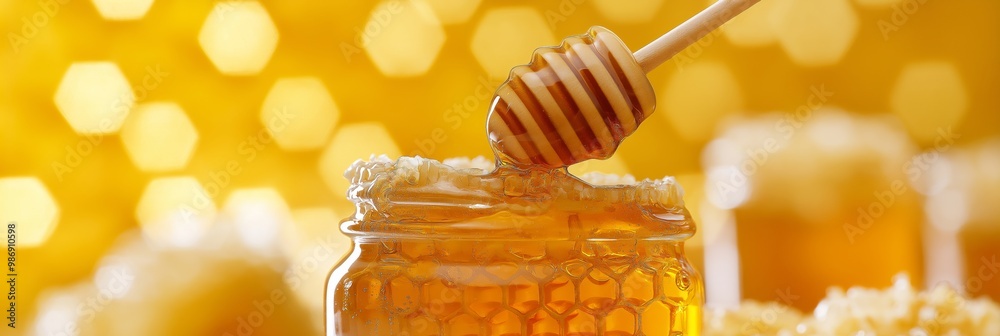 A close-up shot of a honey jar with a honey dipper coated in honey against a golden, golden-hued background. A close-up shot of a honey jar with a honey dipper coated in honey against a golden, golden-hued background.