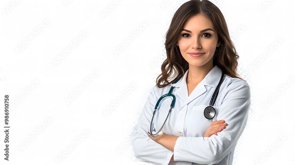 Female doctor portrait isolated on a white transparent background, featuring a young woman with a stethoscope. Female doctor portrait isolated on a white transparent background, featuring a young woman with a stethoscope.