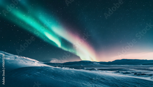 The Northern Lights illuminating the night sky with shades of green, pink, and purple over a snow-covered landscape