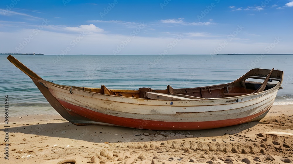 Peaceful Beach Scene with Wooden Rowboats Resting on the Shore, Representing Calm and Nature's Beauty Peaceful Beach Scene with Wooden Rowboats Resting on the Shore, Representing Calm and Nature's Beauty