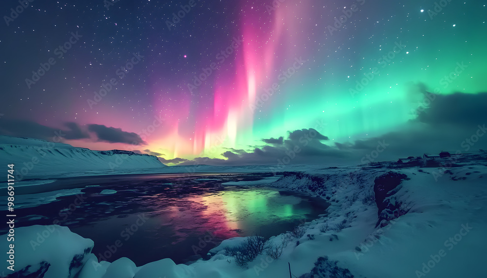 The Northern Lights illuminating the night sky with shades of green, pink, and purple over a snow-covered landscape The Northern Lights illuminating the night sky with shades of green, pink, and purple over a snow-covered landscape
