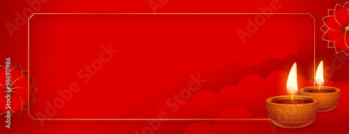 happy diwali wishes red banner realistic oil lamp with text space