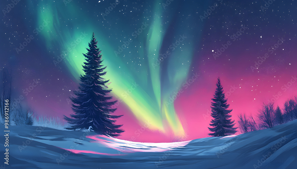 Naklejka premium The Northern Lights illuminating the night sky with shades of green, pink, and purple over a snow-covered landscape
