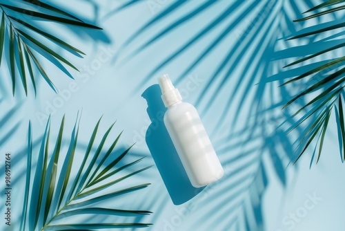 beauty skincare cosmetic mockup cream lotion bottle pakage on white background, sunscreen protection with summer coconut palm leaf tree shadow blue background photo