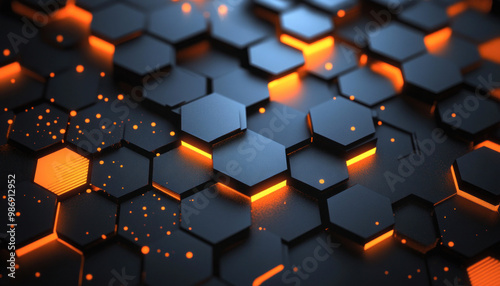 Abstract futuristic surface with orange glowing hexagons is creating modern background photo