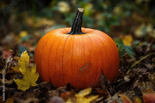 A Single Orange Pumpkin Resting in a Bed of Autumn Leaves