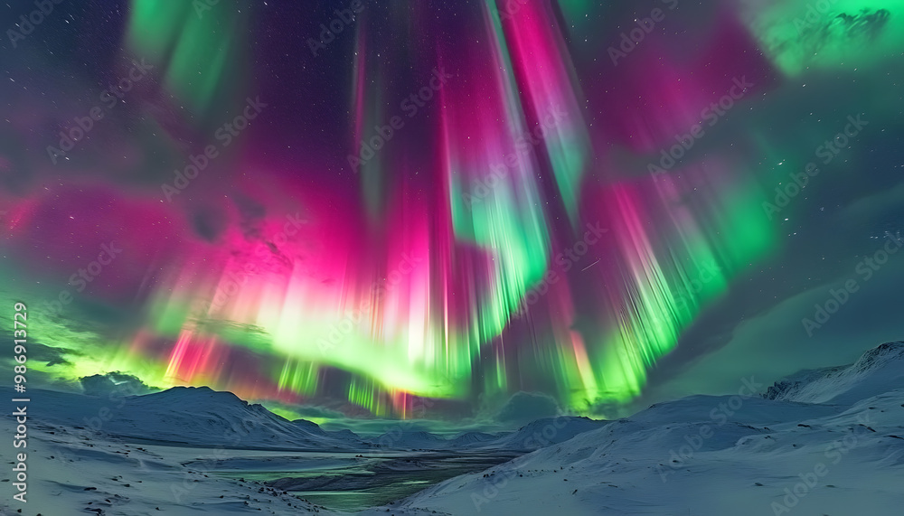 The Northern Lights illuminating the night sky with shades of green, pink, and purple over a snow-covered landscape The Northern Lights illuminating the night sky with shades of green, pink, and purple over a snow-covered landscape