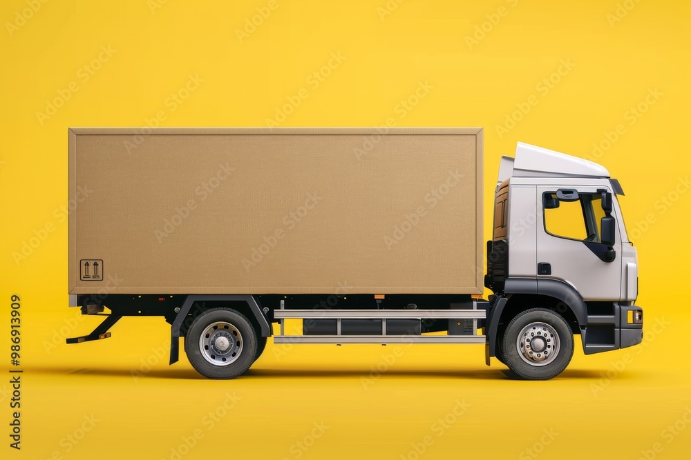 Big cardboard box package on a grey truck ready to be delivered on yellow background Big cardboard box package on a grey truck ready to be delivered on yellow background