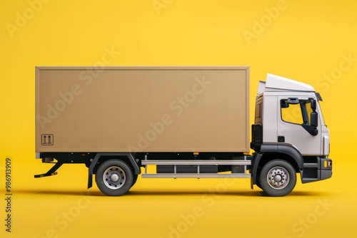 Big cardboard box package on a grey truck ready to be delivered on yellow background