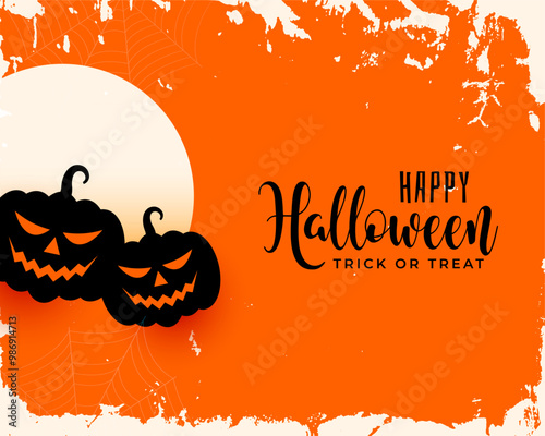 happy halloween pumpkin grungy background with full moon