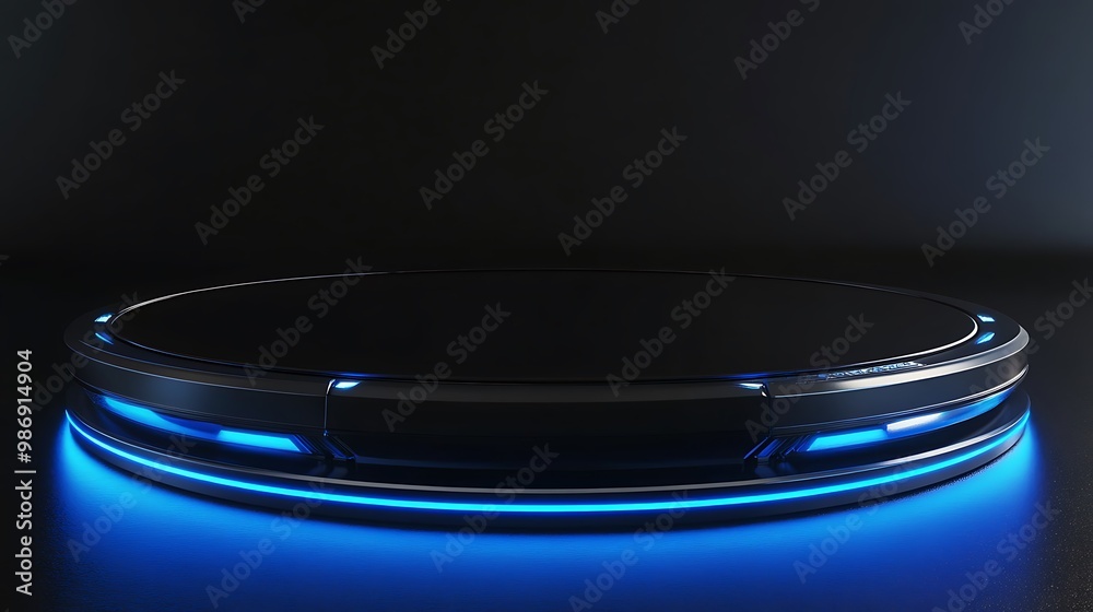 Futuristic circular podium with blue neon lights on dark background. Futuristic circular podium with blue neon lights on dark background.