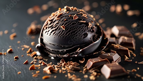 Decadent Dark Chocolate Ice Cream with Exquisite Shavings Celebrating the Art of Artisan Desserts photo