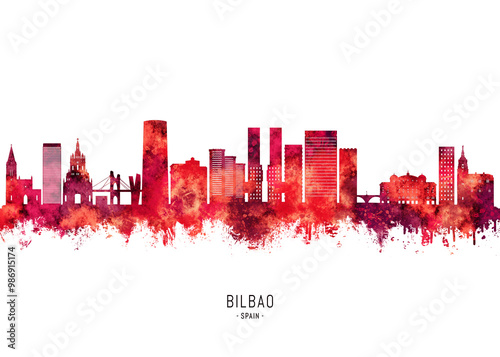 Obraz na płótnie Bilbao Spain Skyline Red w salonie
