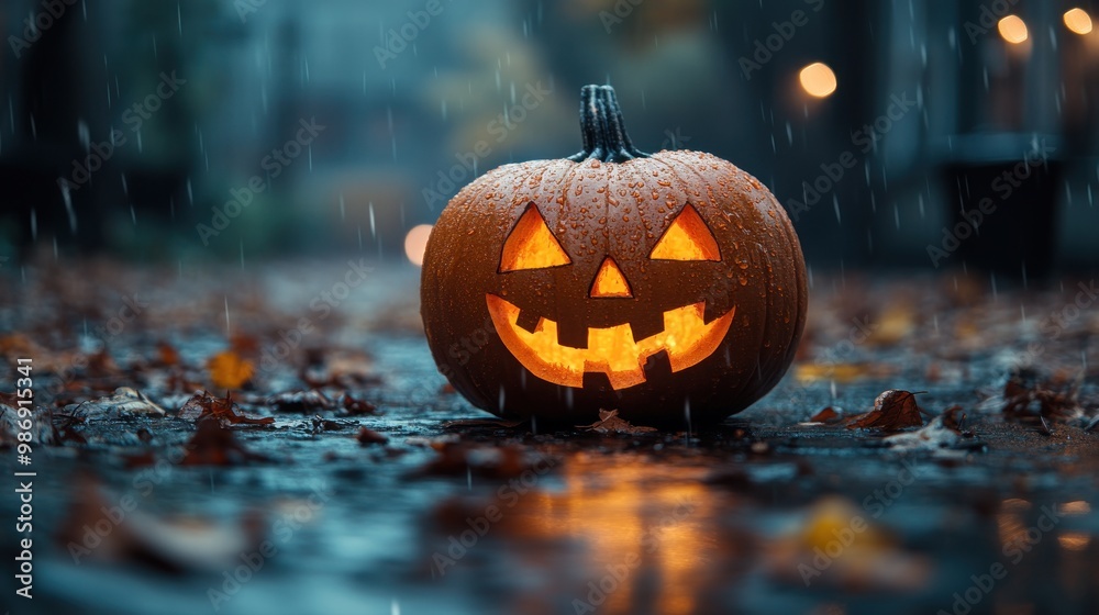 A glowing Halloween pumpkin amidst rainy autumn leaves. A glowing Halloween pumpkin amidst rainy autumn leaves.