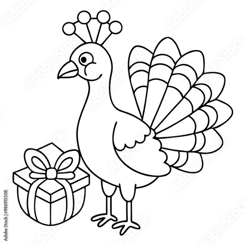 Peacock with Gift: A cute and simple line drawing of a peacock holding a gift box, perfect for coloring pages and children's illustrations. 