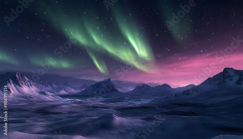 The Northern Lights illuminating the night sky with shades of green, pink, and purple over a snow-covered landscape