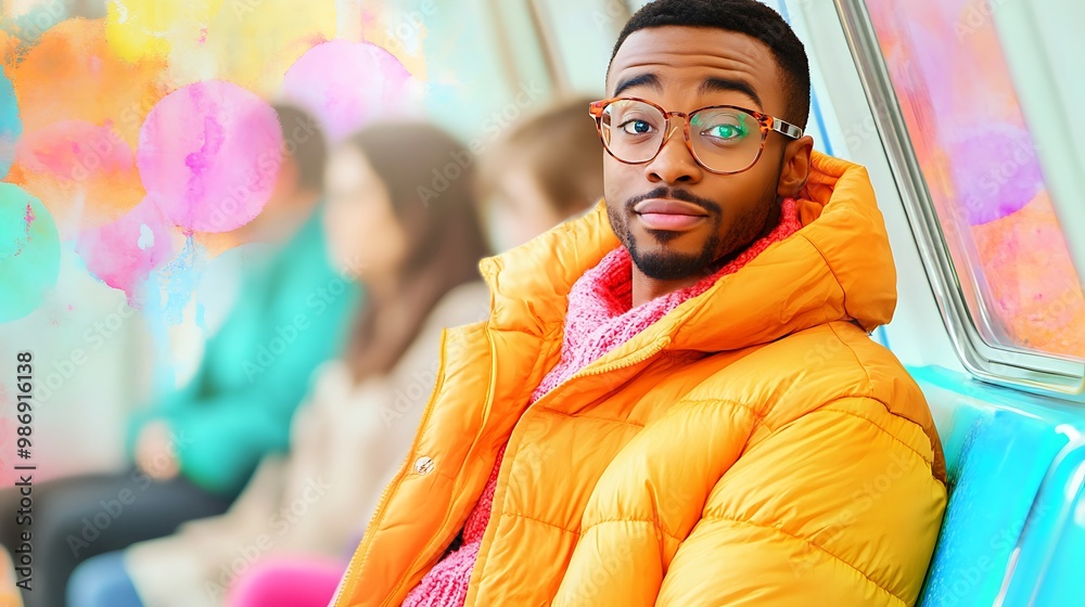 Fototapeta premium A young man in a yellow puffer jacket sits on a public transportation seat, looking at the camera.