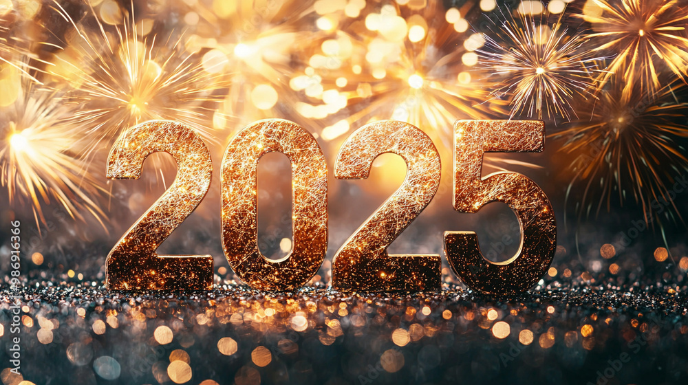 Celebrating 2025. Glittering 2025 sign with fireworks and bokeh lights ...