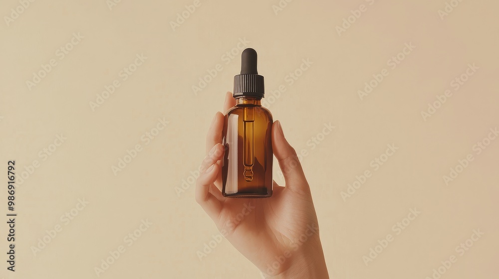 Naklejka premium Elegant hand holding a brown dropper bottle on a beige backdrop, symbolizing refined skincare or health solutions.