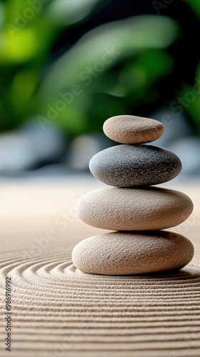 Stacked stones on a tranquil sand surface, symbolizing balance and serenity, with blurred green background.