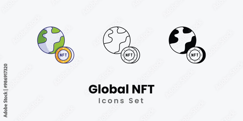 Global NFT Icons thin line and glyph vector icon stock illustration
