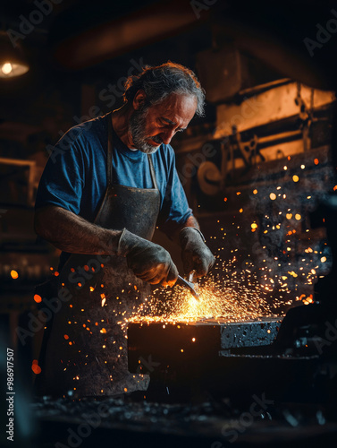 A man is working with a piece of metal, creating sparks as he hammers it. The scene is dark and moody, with the sparks adding to the sense of danger and intensity