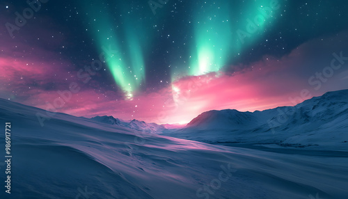 The Northern Lights illuminating the night sky with shades of green, pink, and purple over a snow-covered landscape