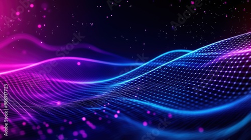 Abstract colorful wave lines with glowing particles on a dark background, creating a vibrant and dynamic visual effect.