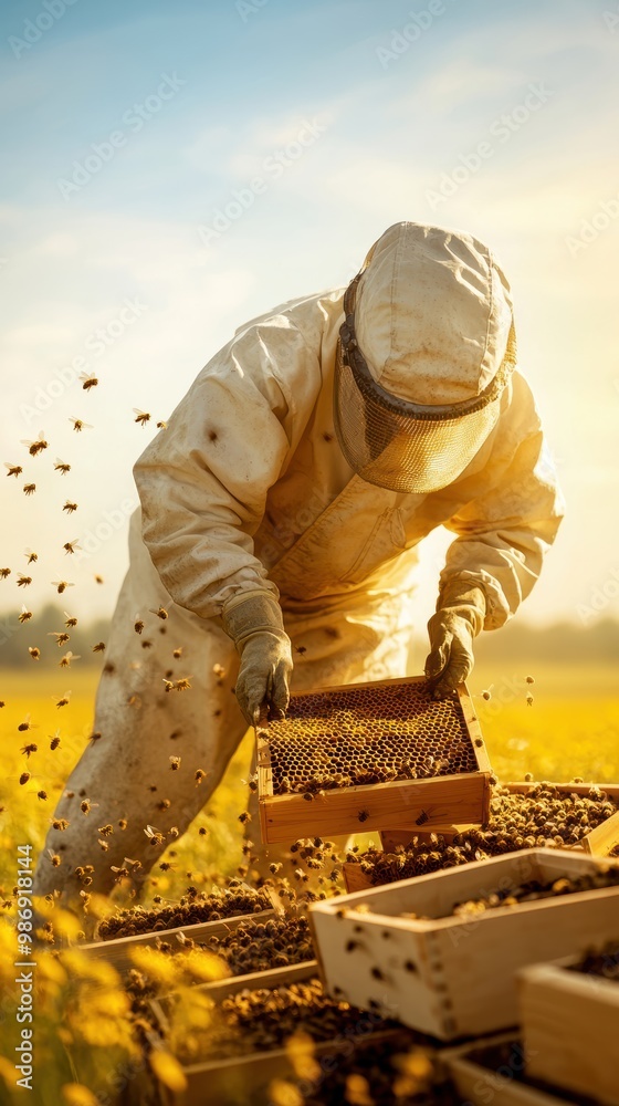 A beekeeper collecting honey from beehives in a vibrant yellow field under a clear sky. A beekeeper collecting honey from beehives in a vibrant yellow field under a clear sky.