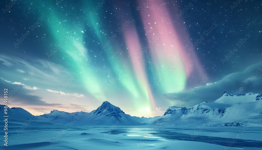 The Northern Lights illuminating the night sky with shades of green, pink, and purple over a snow-covered landscape The Northern Lights illuminating the night sky with shades of green, pink, and purple over a snow-covered landscape
