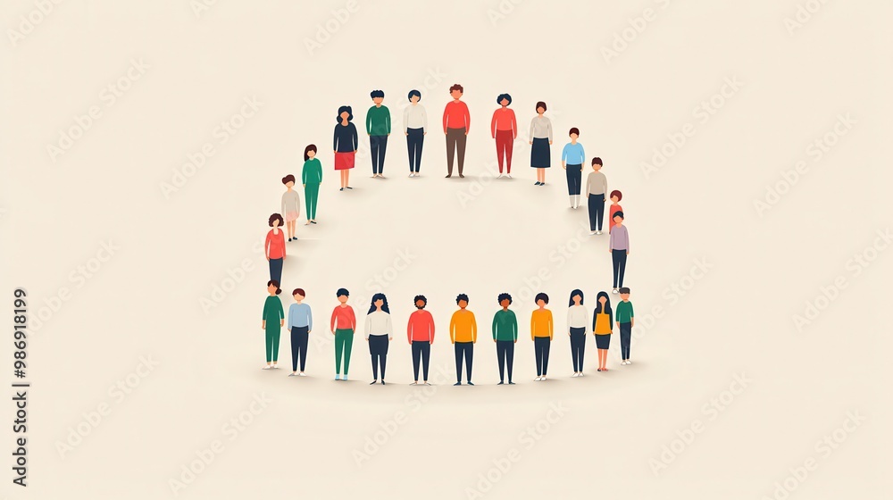Isometric group of diverse people standing in a circle on a beige background Isometric group of diverse people standing in a circle on a beige background