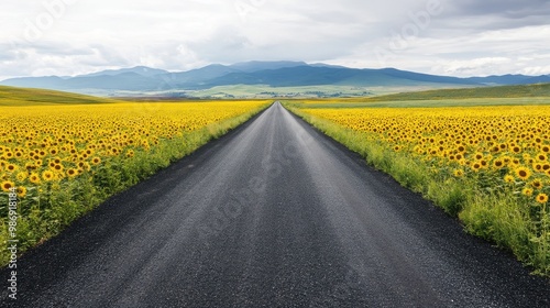 Straight road cutting through vibrant sunflower fields with mountains in the distance