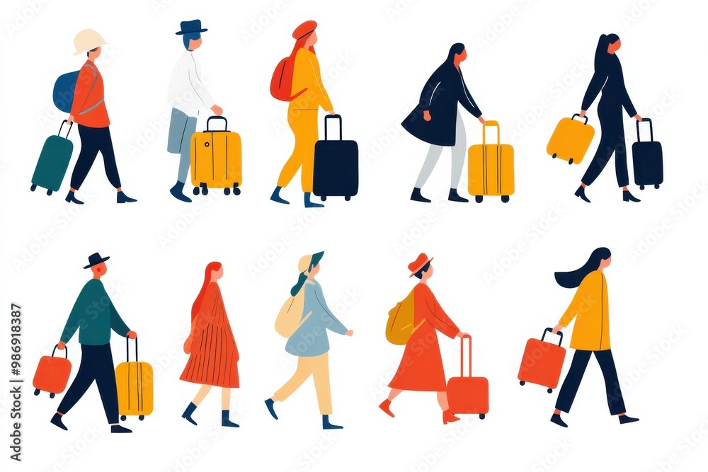 Naklejka premium Stylized travelers walking with luggage in a colorful illustration