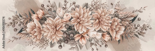 A beautiful, horizontal floral arrangement featuring a variety of soft-toned dahlias, roses, and greenery