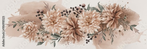 A beautiful, horizontal floral arrangement featuring a variety of soft-toned dahlias, roses, and greenery