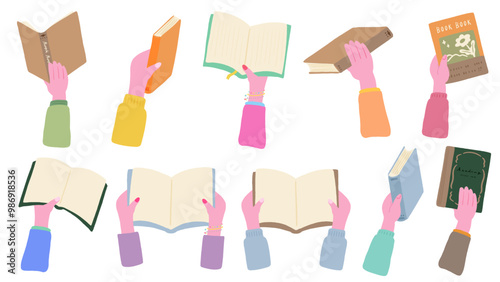 Hands holding books, Hands holding books, Cute hand drawn illustration set / 本を持つ手、手で本を持っている、かわいい手描きのイラストセット