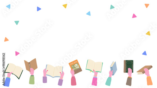 Hands holding books, background frame with hands holding books, cute hand drawn illustration / 本を持つ手、手で本を持っている背景フレーム、かわいい手描きのイラスト