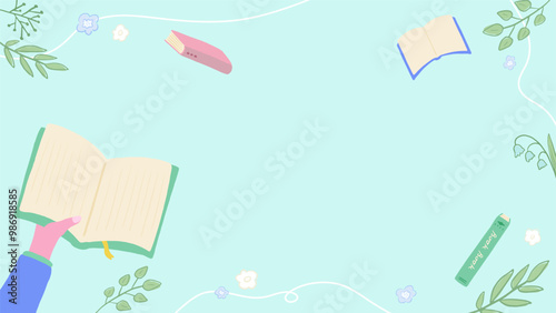 Background frame with hands holding books and plant decoration, cute hand drawn illustration / 本を持つ手と植物の装飾の背景フレーム、かわいい手描きのイラスト