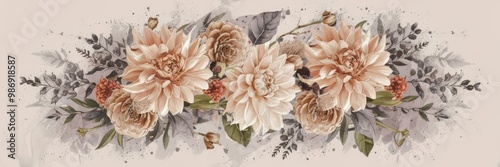 A beautiful, horizontal floral arrangement featuring a variety of soft-toned dahlias, roses, and greenery