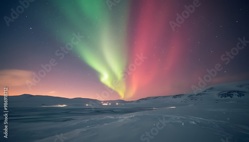 Wallpaper Mural The Northern Lights illuminating the night sky with shades of green, pink, and purple over a snow-covered landscape Torontodigital.ca