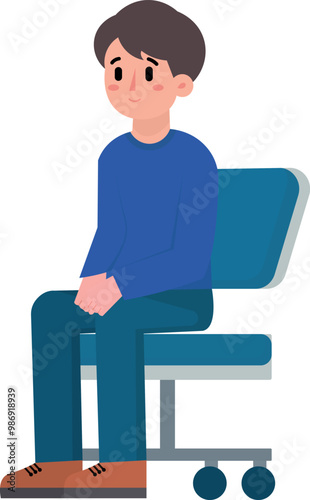 Boy sitting on an office chair with serious expression, flat designer clipart