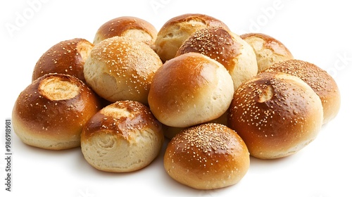 Freshly baked bread rolls and small buns isolated on a white transparent background, ideal for Thanksgiving holiday dinner.