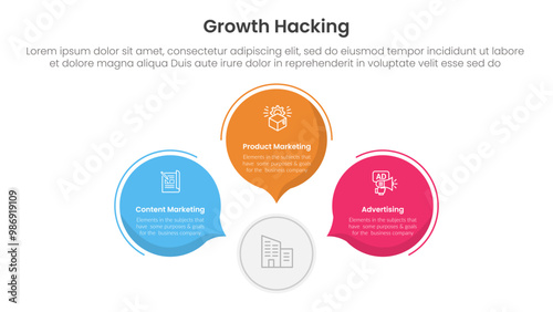 growth hacking infographic 3 point with circle callout comment shape for slide presentation