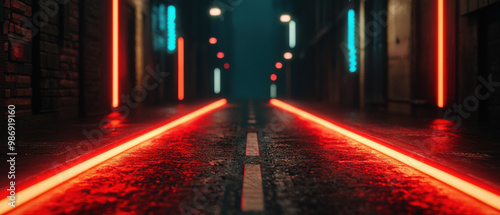 Futuristic alley with glowing neon lights and reflective wet pavement.