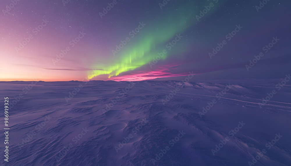 The Northern Lights illuminating the night sky with shades of green, pink, and purple over a snow-covered landscape The Northern Lights illuminating the night sky with shades of green, pink, and purple over a snow-covered landscape